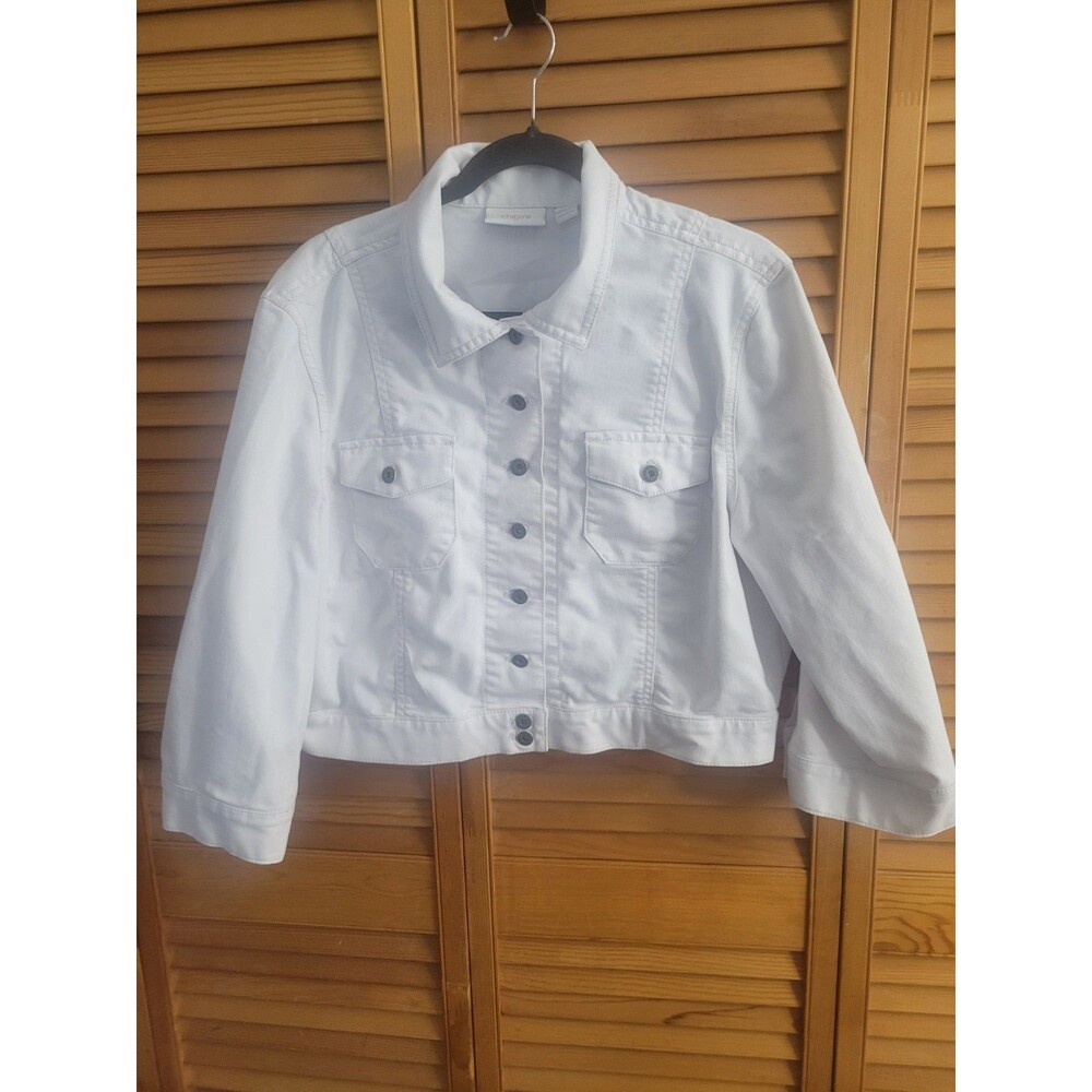 Chico's White Denim Jean Cropped Jacket W Pockets Silver Buttons